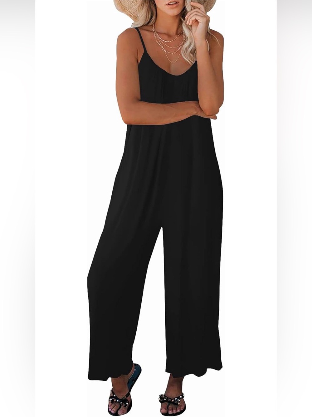 Casual Black Adjustable Spaghetti Strap Jumpsuit with Pockets Size Large
